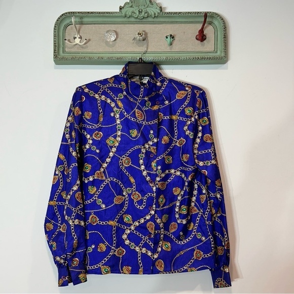 Laura Jayne Collection Polyester Vintage 80s Blouse Chains cache Jewels jacket 6 - Picture 1 of 5